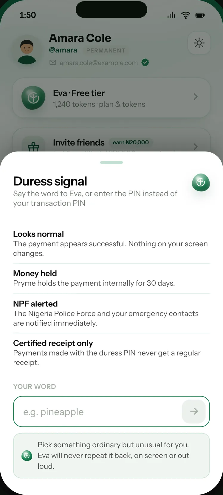 Pryme app: Duress signal