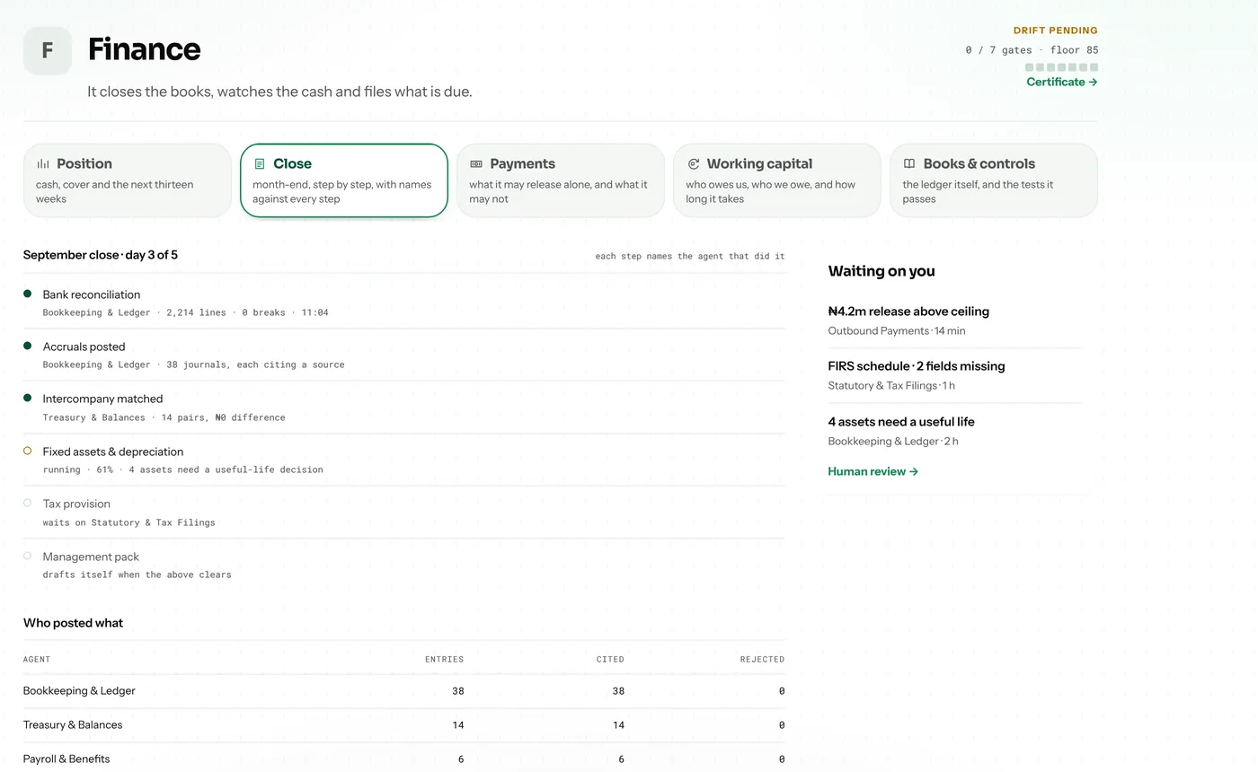The Finance agent in the Pryme Business workspace, on the close register